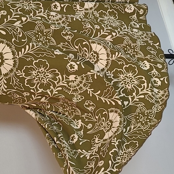 Vintage Y2K Slinky Floral Halter Dress Olive Green Light Cream Ruched Waist Sz M - Picture 4 of 13